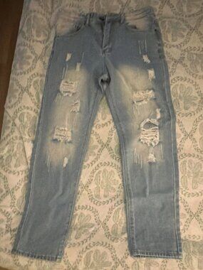 Men's Distressed Light Blue Denim Straight Jeans 5-Pocket Button Zip Solid